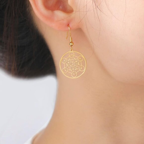 Gold Stainless Steel Metatron’s Cube Earrings with Sacred Geometry Design for Wo - Picture 2 of 8